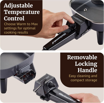 EFS059 Personal Electric Skillet, 7” Compact Portable Cooker, Adjustable Temperature, 600W Rapid Heating, Nonstick Surface, Tempered Glass Lid, Removable Handle, Black