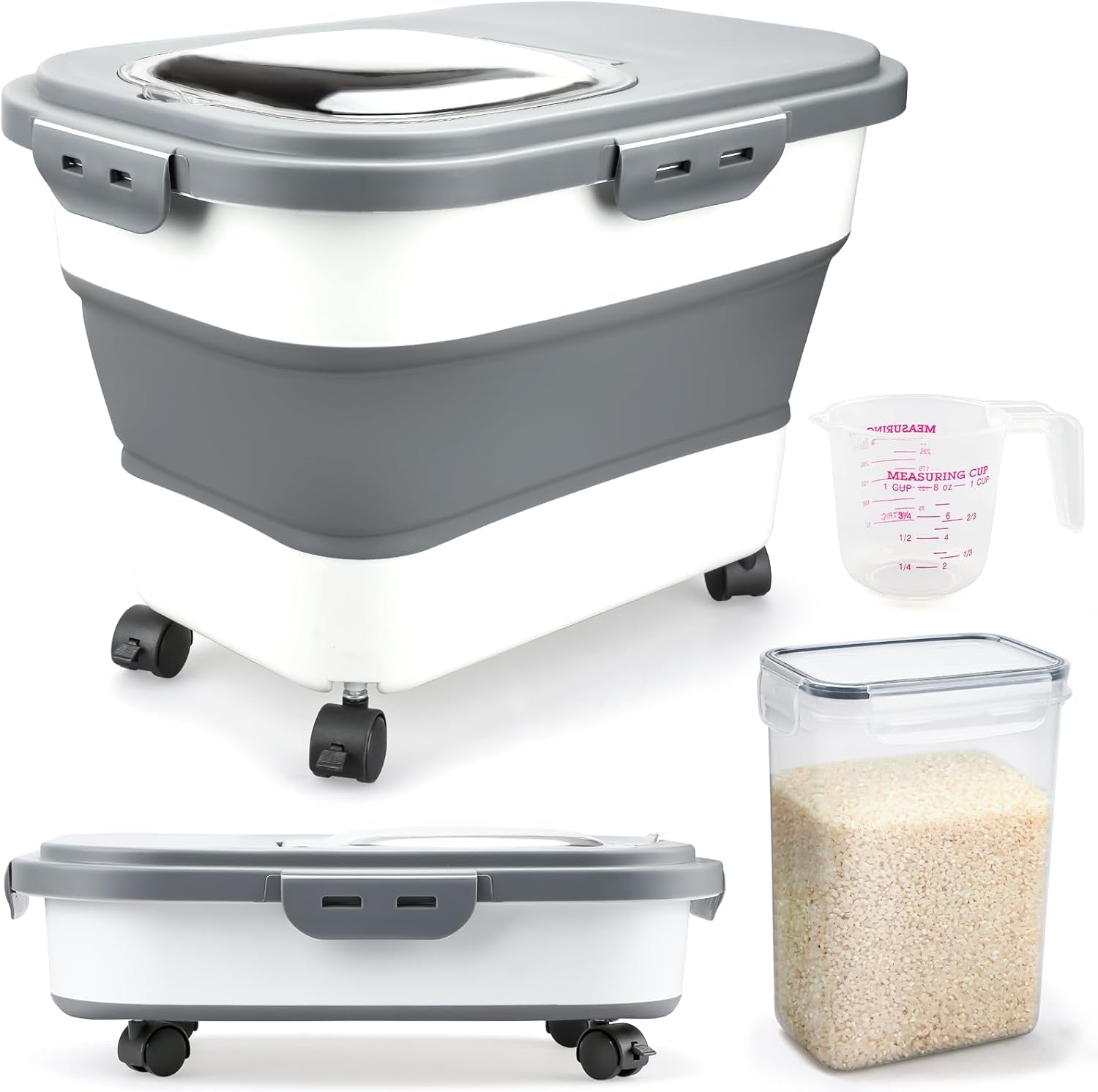 Rice Storage Containers, Collapsible 10 to 30Lbs Food Storage Bin Dispenser with Rolling Wheel and Clear Airtight Lid, BPA Free Flour, Sugar, Cereal and Dog Cat Pet Food Containers