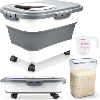 Rice Storage Containers, Collapsible 10 to 30Lbs Food Storage Bin Dispenser with Rolling Wheel and Clear Airtight Lid, BPA Free Flour, Sugar, Cereal and Dog Cat Pet Food Containers