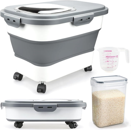 Rice Storage Containers, Collapsible 10 to 30Lbs Food Storage Bin Dispenser with Rolling Wheel and Clear Airtight Lid, BPA Free Flour, Sugar, Cereal and Dog Cat Pet Food Containers