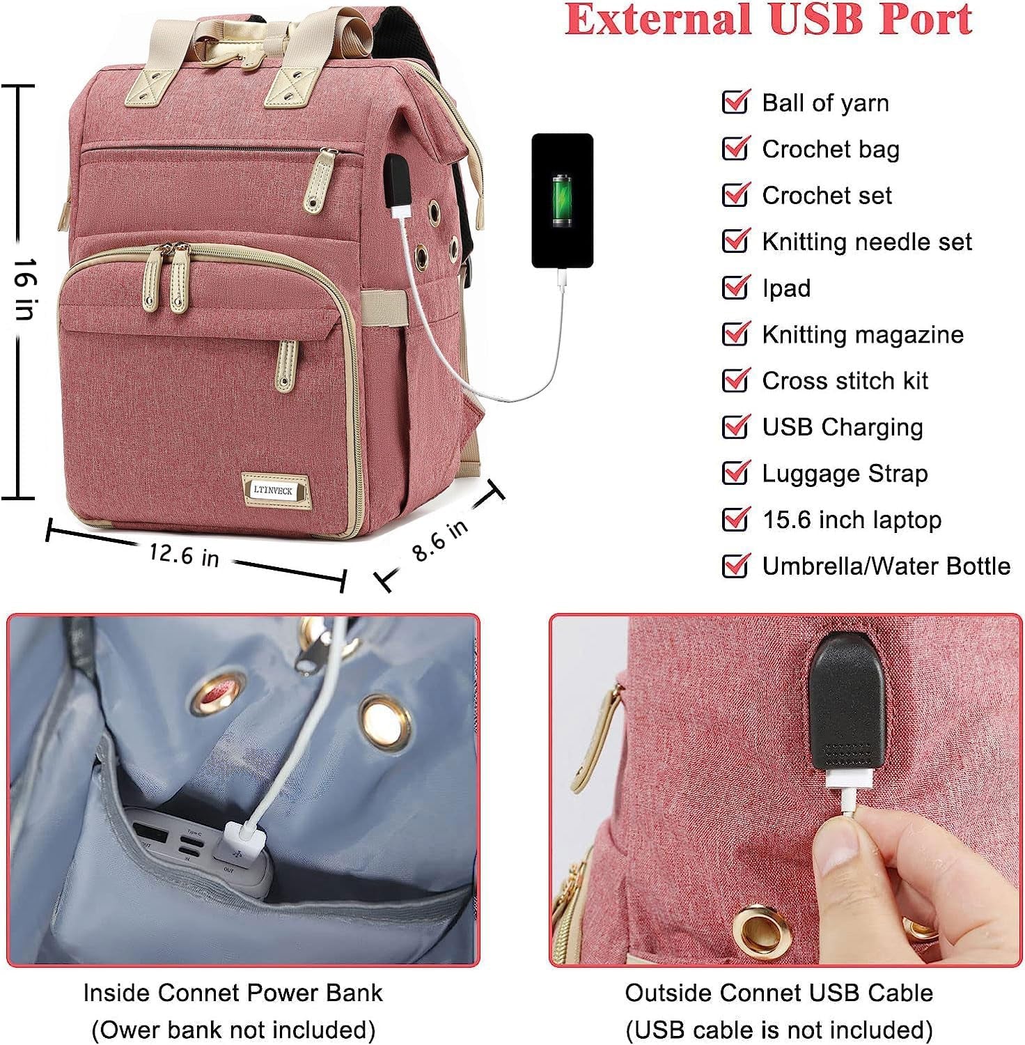 Crochet Backpack,Knitting Bag Backpack Yarn Storage Organizer Travel Crochet Bag with USB Charging Port,Large Yarn Tote Bag