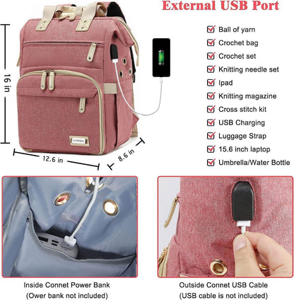 Crochet Backpack,Knitting Bag Backpack Yarn Storage Organizer Travel Crochet Bag with USB Charging Port,Large Yarn Tote Bag