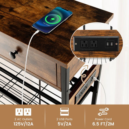 Narrow Console Table Featuring Two Drawers and Dual Metal Mesh Shelves