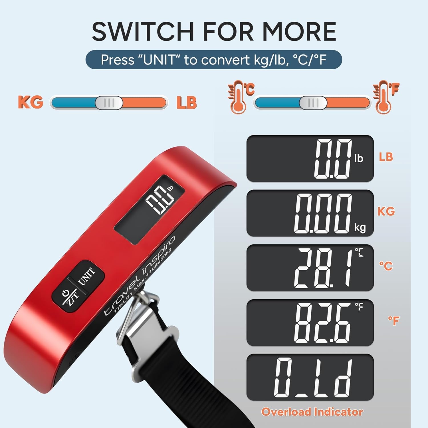 Digital Luggage Scale 110LB /50 KG with LCD Display,Overload Alarm Temperature Sensor-Red