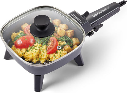 EFS059 Personal Electric Skillet, 7” Compact Portable Cooker, Adjustable Temperature, 600W Rapid Heating, Nonstick Surface, Tempered Glass Lid, Removable Handle, Black