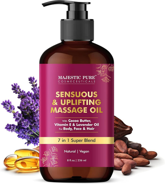 Cocoa Massage Oil with Cocoa Butter, Vitamin E, and Lavender Oil - Invigorating and Relaxing Formula for All Skin Types - 8 Fl Oz