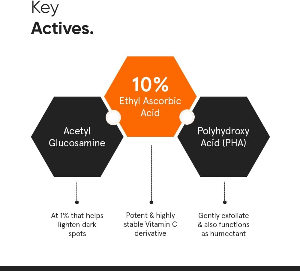 10% Vitamin C Serum for Skin Brightening - Stable Formula with Pure Ethyl Ascorbic Acid & Acetyl Glucosamine -1 Fl Oz / 30ml