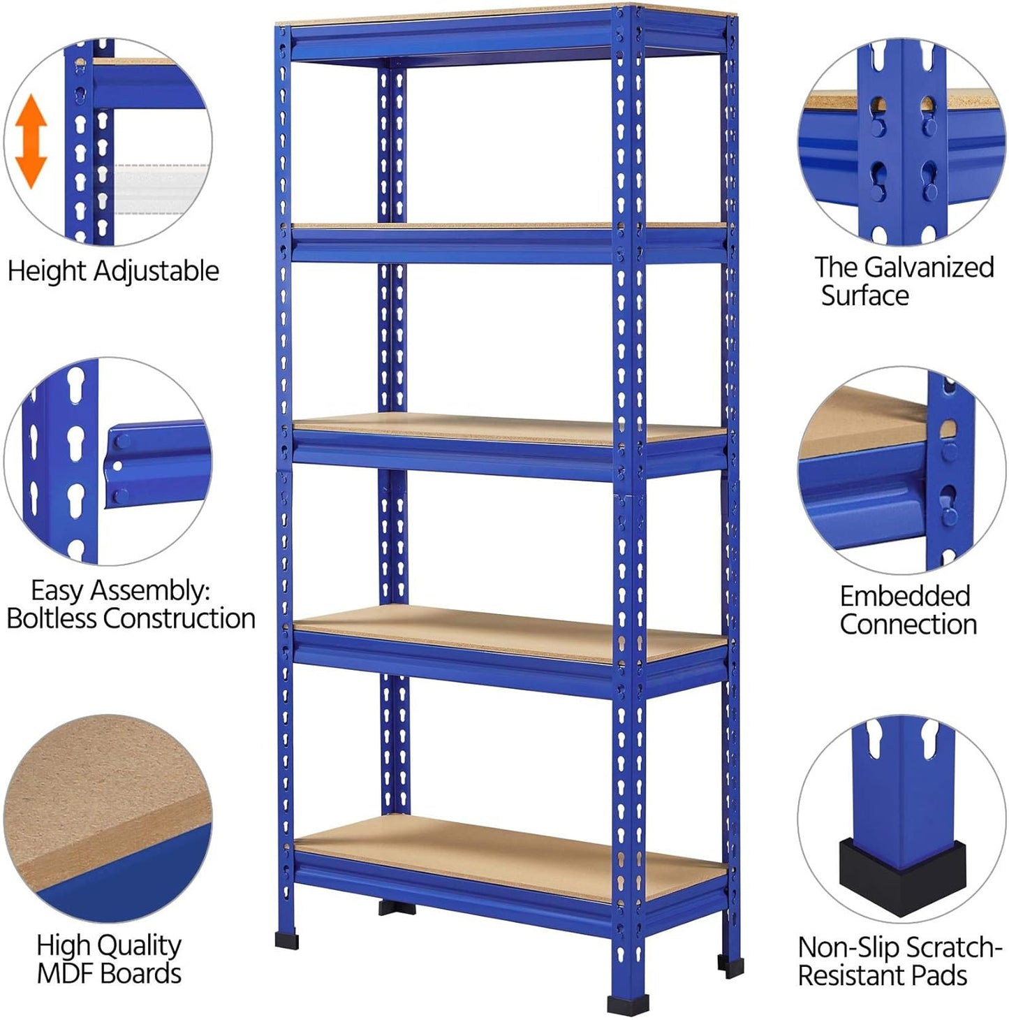 5-Tier Industrial Storage Rack, Heavy Duty Garage Shelving Units, Blue, 70 X 30 X 150 Cm