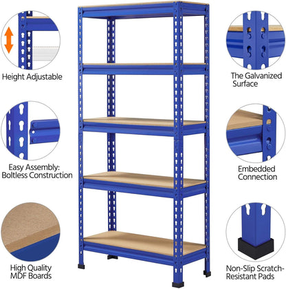 5-Tier Industrial Storage Rack, Heavy Duty Garage Shelving Units, Blue, 70 X 30 X 150 Cm