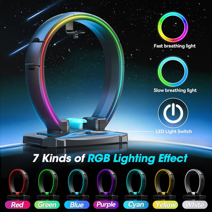 RGB Headphone & Controller Stand with 9 Light Modes - Foldable Controller Hanger for Desk - Earphone Stand with Cable Organizer - for Gamers Desktop Accessories