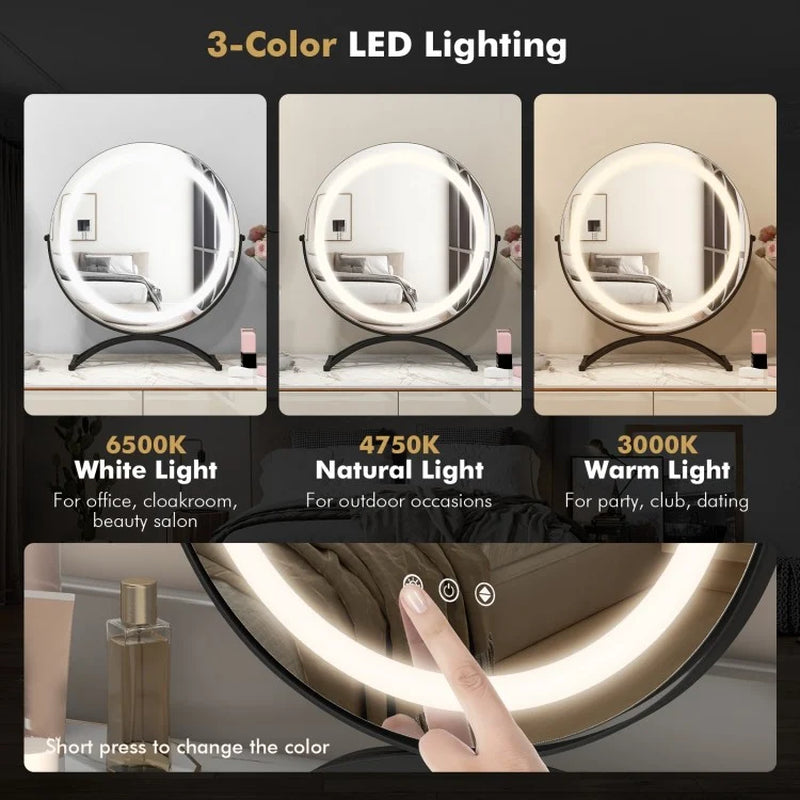 Round LED Vanity Mirror with Three Color Temperature Settings and Adjustable Brightness -16-Inch