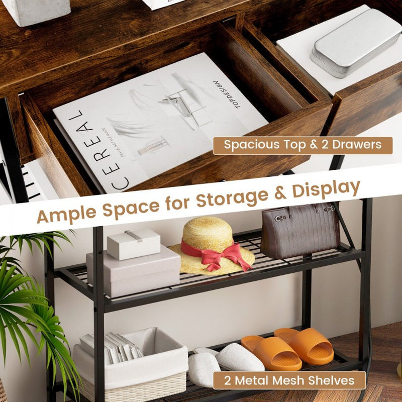 Narrow Console Table Featuring Two Drawers and Dual Metal Mesh Shelves