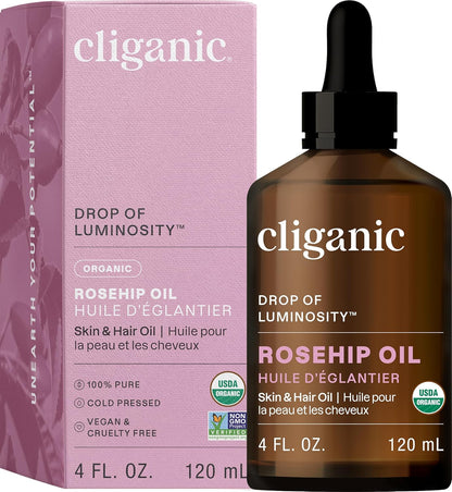 Pure Organic Rosehip Oil for Face - Cold Pressed Unrefined Carrier Oil for Skin, Hair & Nails - Certified Organic 