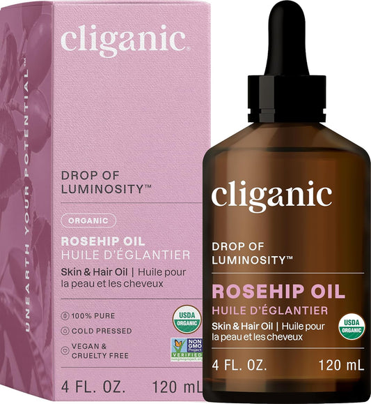 Pure Organic Rosehip Oil for Face - Cold Pressed Unrefined Carrier Oil for Skin, Hair & Nails - Certified Organic 
