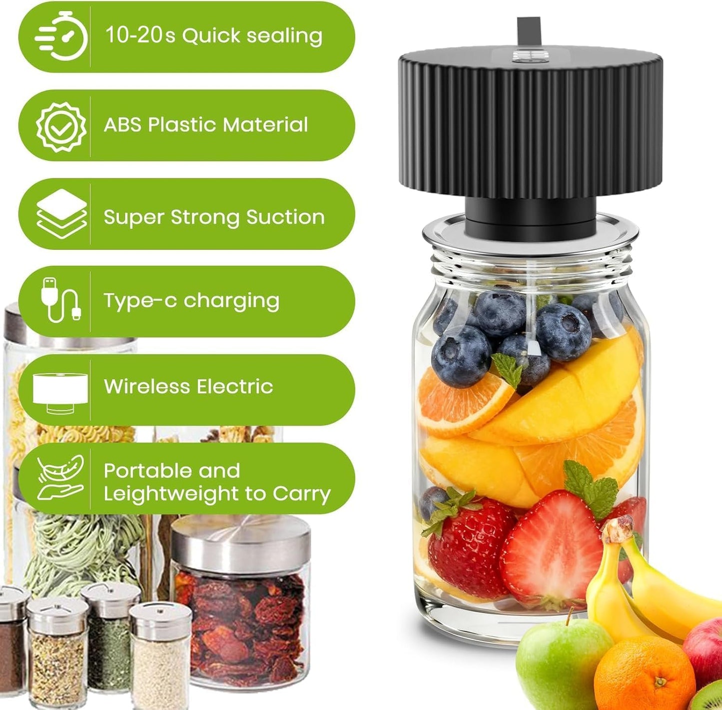 2025 Upgrade 3-In-1 Electric Mason Jar Vacuum Sealer Kit，One-Touch Electric Sealing， for Wide-Mouth Regular-Mouth Mason Jars, Portable Vacuum Sealer for Jars, Gifts for Mom, Grandma (Black)