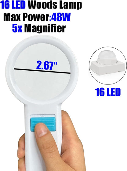 Cordless Wood'S Lamp Ringworm Detection Light-Skin Testing-Esthetician-Veterinaria-5X Magnifying Wood Lamp Black Light-16 Led-Battery Powered