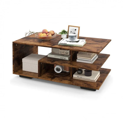 Rectangular Coffee Table Featuring L-Shaped Center Shelf