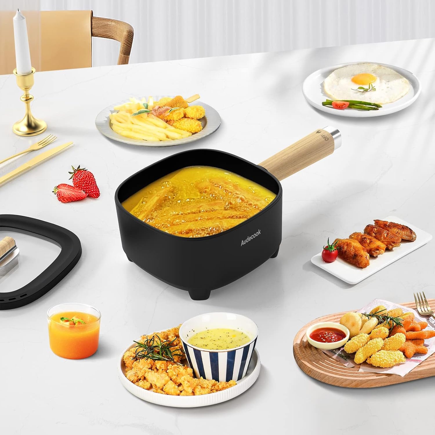 Hot Pot Electric 2L, Cermic Glaze Non-Stick Frying Pan 8 Inch, Portable Travel Cooker for Ramen/Steak/Fried Rice/Oatmeal/Soup, with Dual Power Control (Silicone Spatula Included)