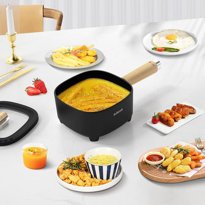Hot Pot Electric 2L, Cermic Glaze Non-Stick Frying Pan 8 Inch, Portable Travel Cooker for Ramen/Steak/Fried Rice/Oatmeal/Soup, with Dual Power Control (Silicone Spatula Included)