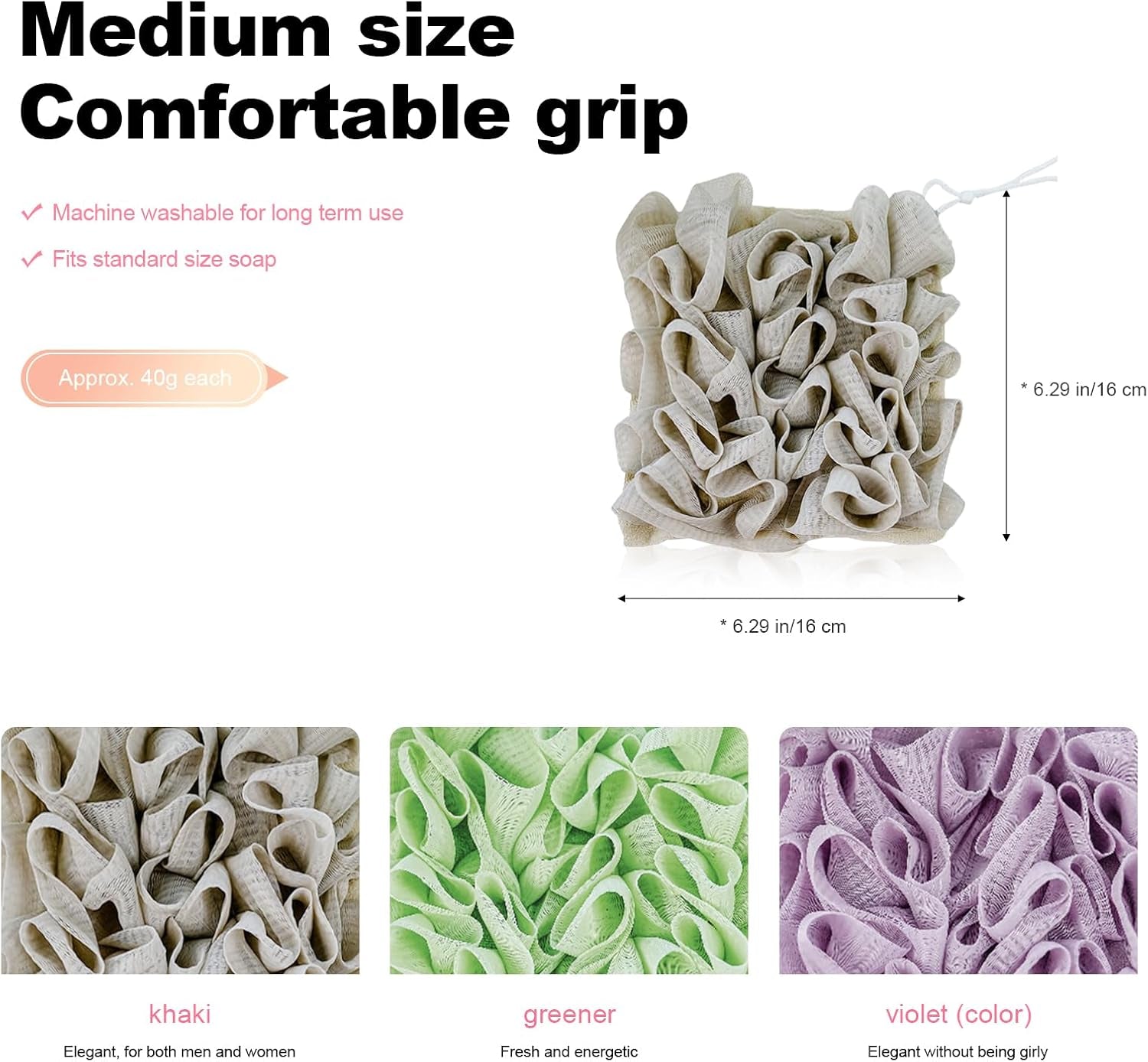 3-Pack Loofah Washcloth Combo 2-In-1, Soap Saver Pouch with Bar Soap Pocket, Exfoliating & Reusable Shower Sponge for Body Wash (Green, Purple, Khaki)