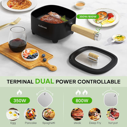 Hot Pot Electric 2L, Cermic Glaze Non-Stick Frying Pan 8 Inch, Portable Travel Cooker for Ramen/Steak/Fried Rice/Oatmeal/Soup, with Dual Power Control (Silicone Spatula Included)