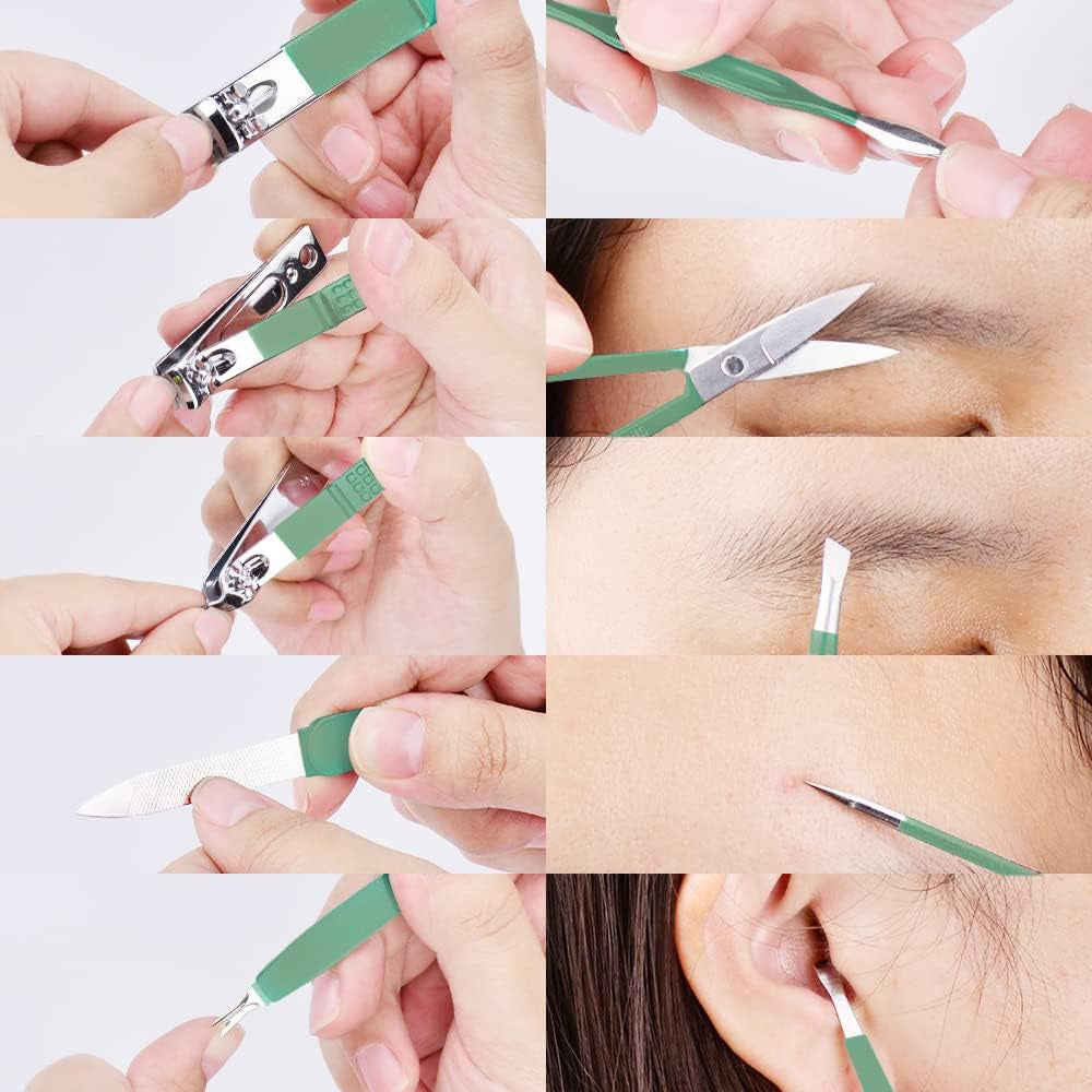 10-Piece Stainless Steel Manicure Set with Leather Case - Portable Nail Clippers and Pedicure Tools for Men and Women (Jade Green)