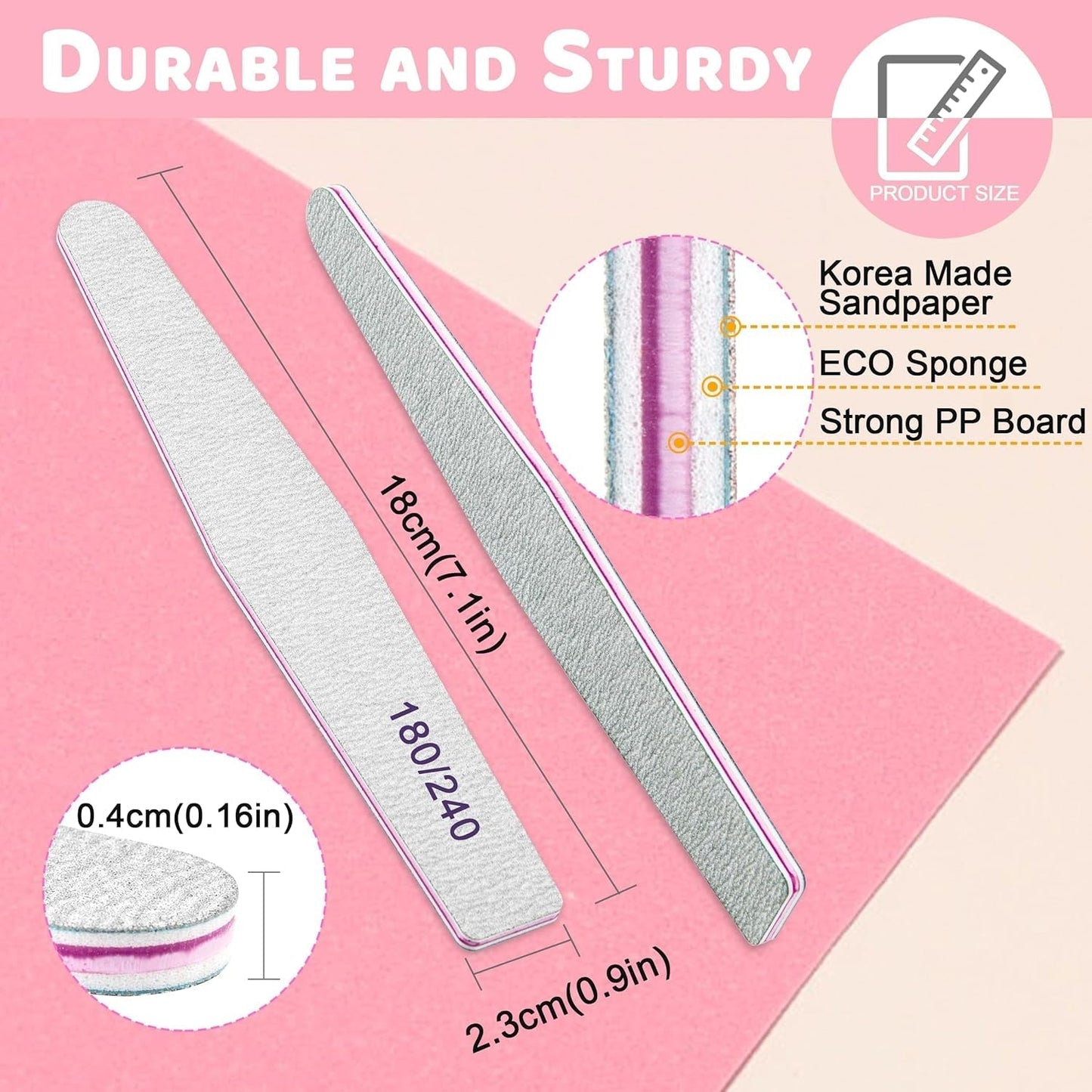 Professional Nail File Set - 12 Pcs Emery Boards for Natural and Acrylic Nails, 180/240 Grit Manicure Tools, Washable and Durable