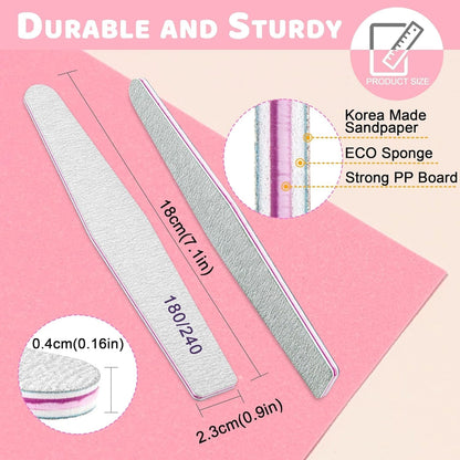 Professional Nail File Set - 12 Pcs Emery Boards for Natural and Acrylic Nails, 180/240 Grit Manicure Tools, Washable and Durable