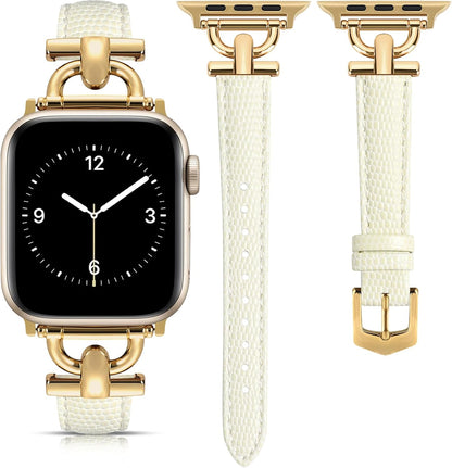 Leather Band Compatible with Apple Watch Strap Women, Genuine Leather Wristband with D-Shape Metal Buckle for Iwatch Bands Series 10/9/8/7/6/5/4/3/2/1/Se(38/40/41/42Mm,Milky White/Gold)