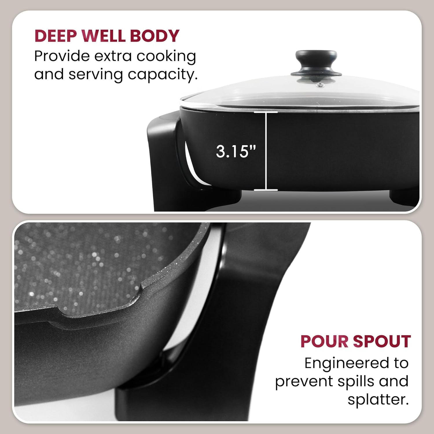 EG6201 Extra Deep 12"X12"X3.2" (7.5Qt.) Scratch Resistant Dishwasher Safe, Non-Stick Electric Skillet with Glass Vented Lid, Adjustable Temperature, Black