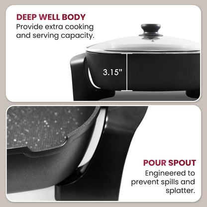 EG6201 Extra Deep 12"X12"X3.2" (7.5Qt.) Scratch Resistant Dishwasher Safe, Non-Stick Electric Skillet with Glass Vented Lid, Adjustable Temperature, Black