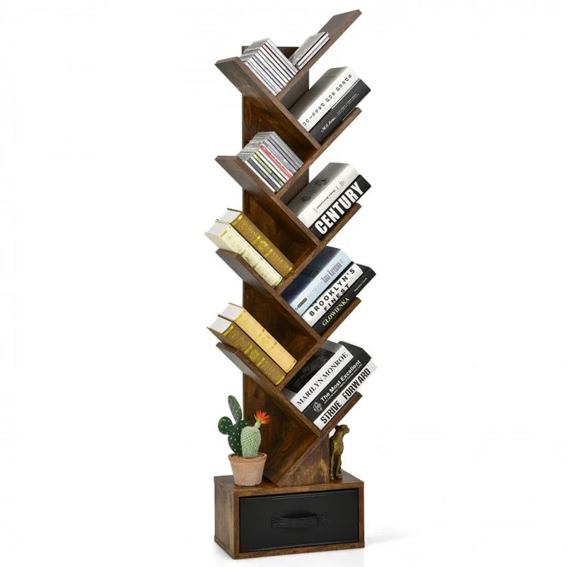 10-Tier Tree Bookshelf with Drawer Free-Standing Storage Bookcase