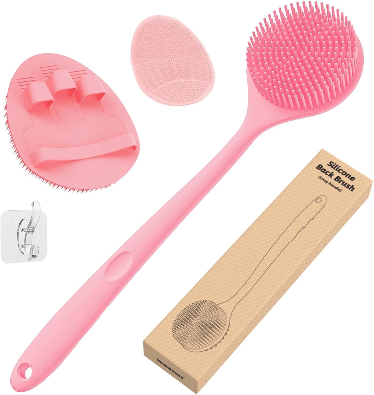 3-Piece Silicone Body Care Set: Thick Bristle Back Scrubber, Bath Glove, and Face Brush with Free Hook (Black)