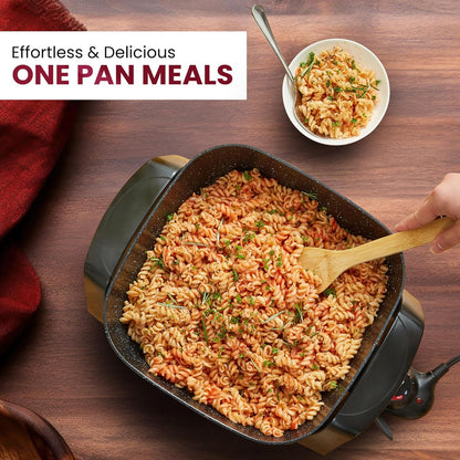 EG6201 Extra Deep 12"X12"X3.2" (7.5Qt.) Scratch Resistant Dishwasher Safe, Non-Stick Electric Skillet with Glass Vented Lid, Adjustable Temperature, Black