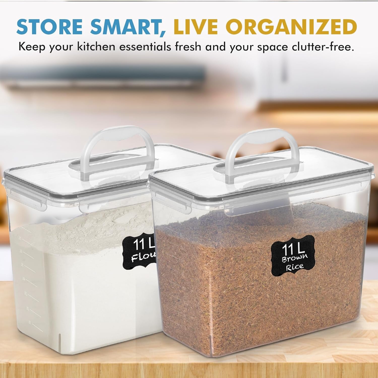 2 PC (11L | 372 Oz) Flour Sugar Storage Containers with Easy Carry Handle - Plastic Extra Large Food Storage Containers with Lids, BPA Free Airtight Kitchen Canister Set for Rice, Cereal & Pasta