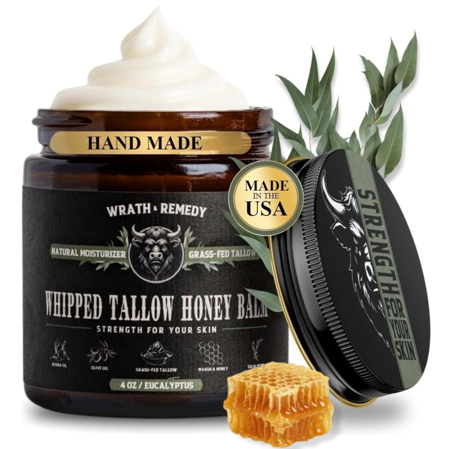 Organic Beef Tallow for Skin - 4 OZ (Unscented) — Grass Fed Beef Tallow for Face + Body — Us-Made Whipped Tallow and Honey Balm Moisturizer for Dry and Sensitive Skin, Eczema, Rosacea (No Additives)