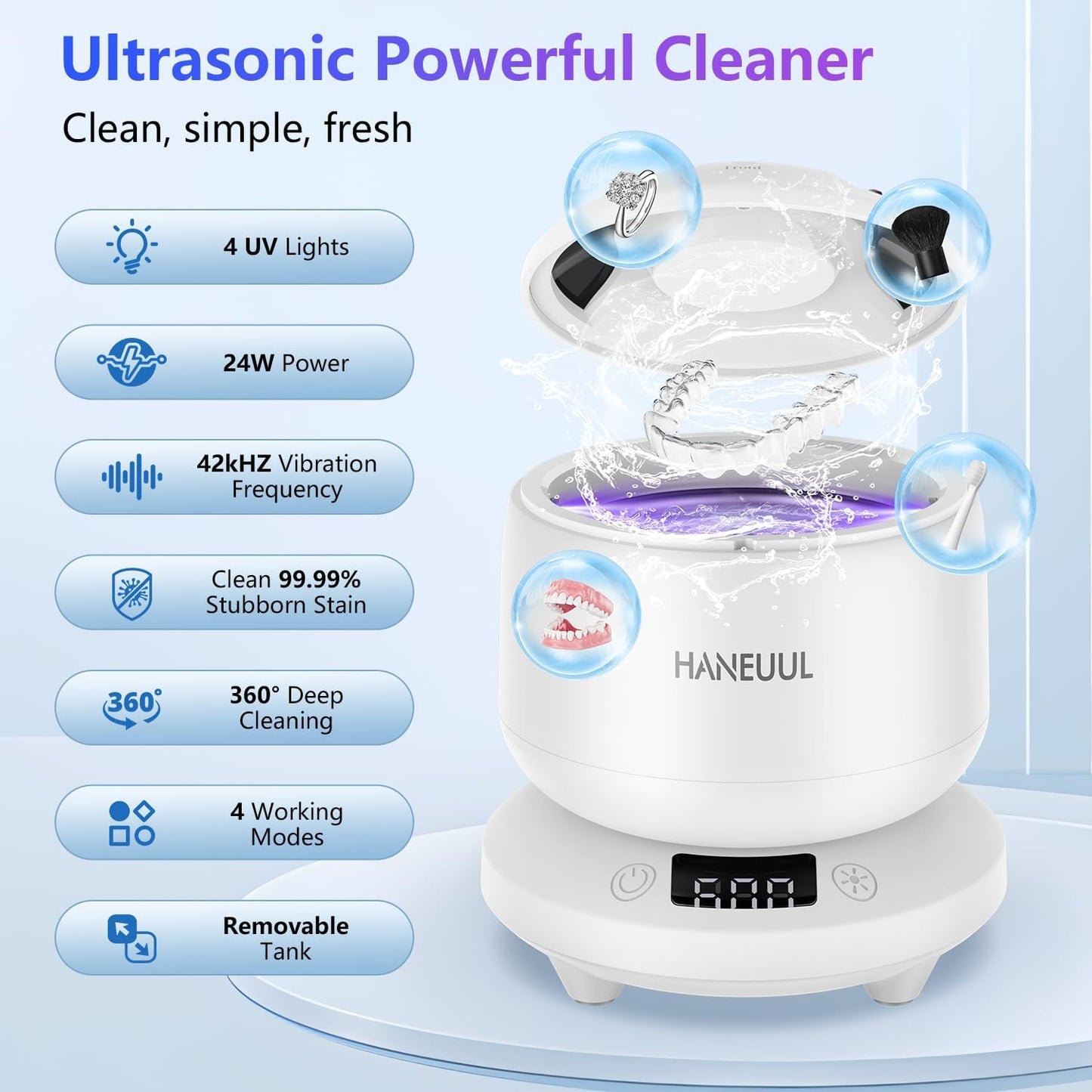 2025 Ultrasonic Retainer Cleaner for Dentures & Aligner, Durable Removable Base and Top Cover, Denture Cleaner Machine with 4 Modes for Mouth Guards, Jewelry, Rings, Etc (White)
