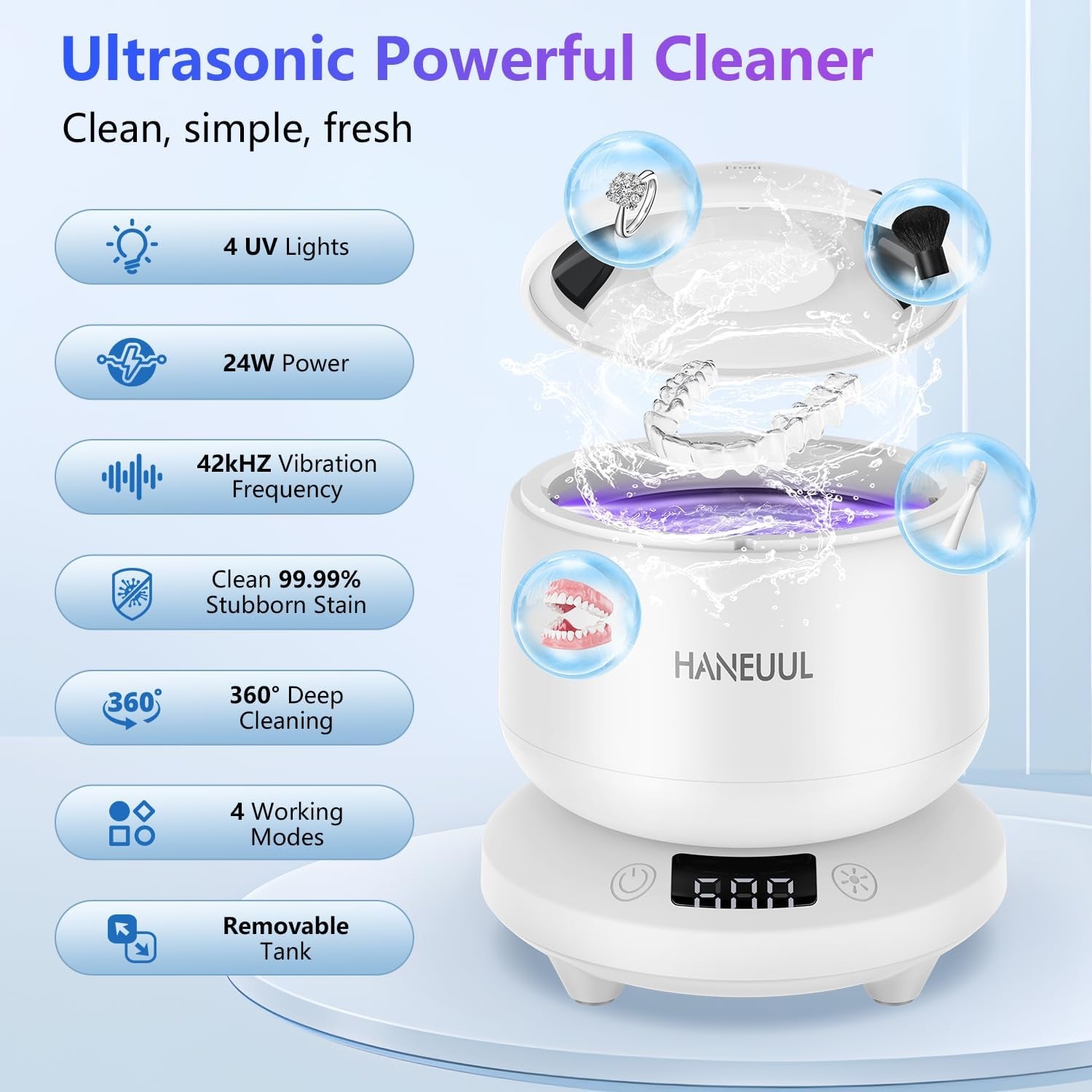 2025 Ultrasonic Retainer Cleaner for Dentures & Aligner, Durable Removable Base and Top Cover, Denture Cleaner Machine with 4 Modes for Mouth Guards, Jewelry, Rings, Etc (White)