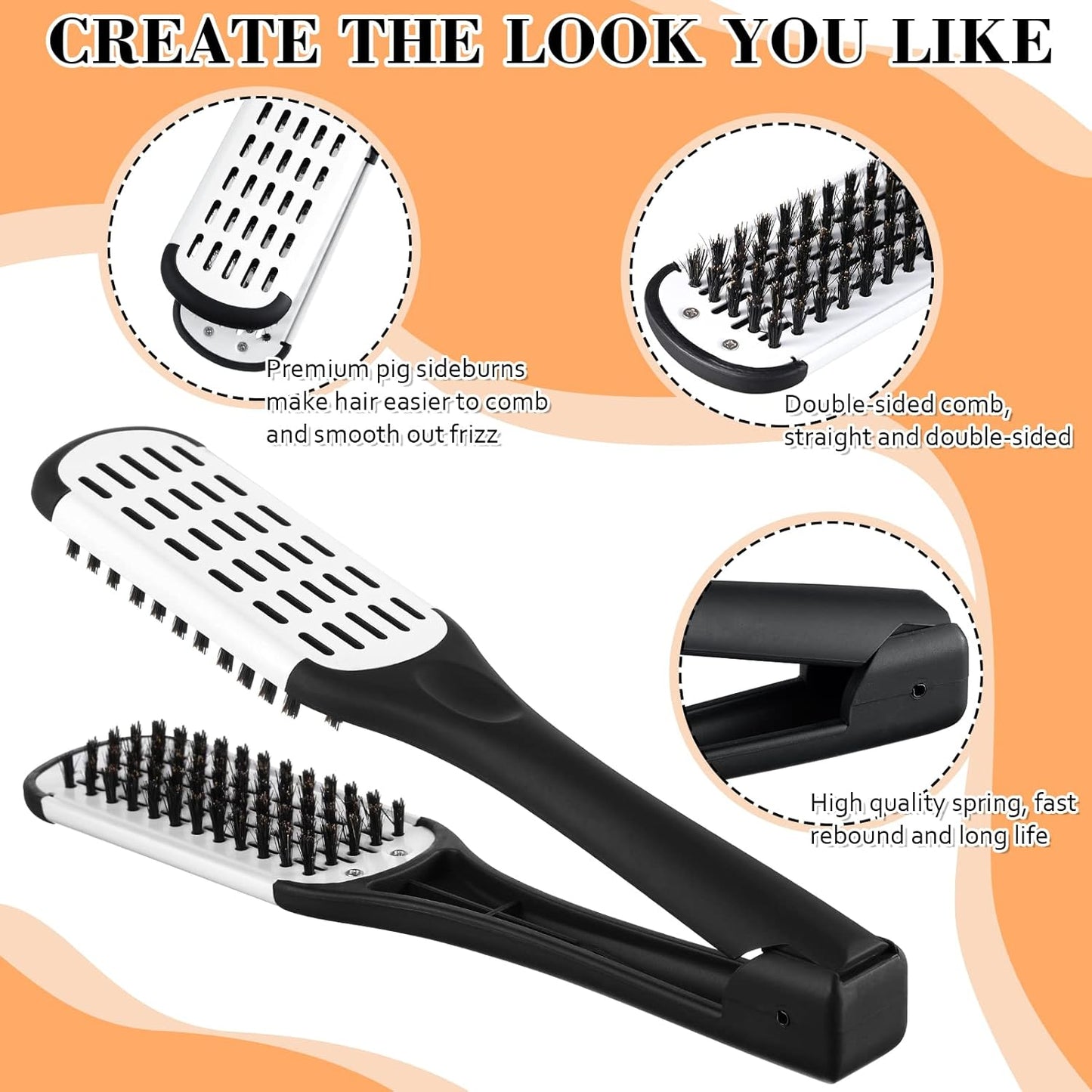 2 Pcs Boar Bristle Brushes - Double Sided Clamp Brush and Flat Iron Comb for Straightening Knotty, Unkempt Hair (Black White, Black)