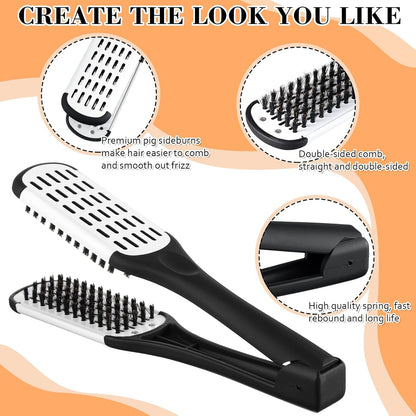 2 Pcs Boar Bristle Brushes - Double Sided Clamp Brush and Flat Iron Comb for Straightening Knotty, Unkempt Hair (Black White, Black)