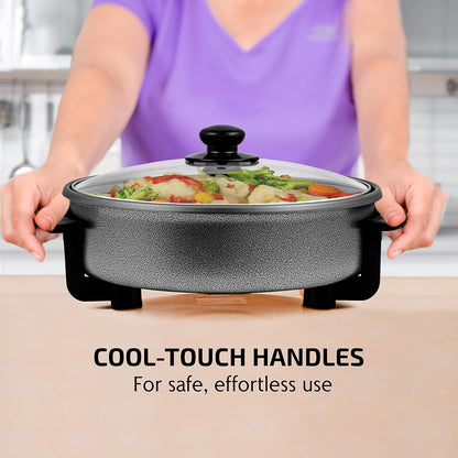 12 Inch Electric Skillet and Frying Pan with Nonstick Coating, 1400W Power, Adjustable Temperature Control, Tempered Glass Lid with Vent and Cool Touch Handles, Black SK11112B