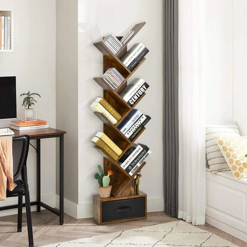 10-Tier Tree Bookshelf with Drawer Free-Standing Storage Bookcase