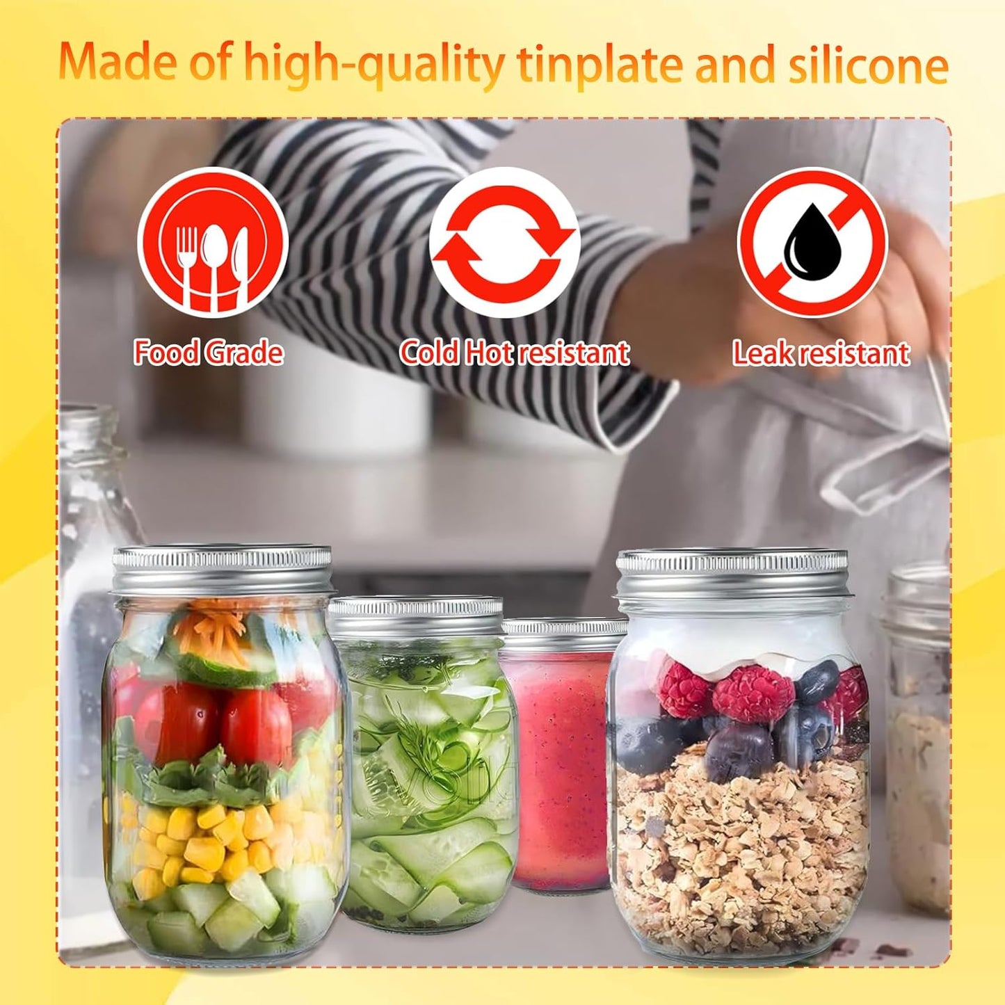 50 Pcs Mason Jar Lids and 10 Rings Set, 70MM Regular Mouth Canning Jars Lid with Silicone Seals, Pop Can Lids for Canning Supplies, Leakproof Split Type Mason Jar Lid, Ball Cans, Food Storage