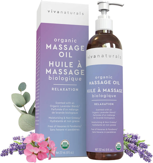 Organic Lavender Massage Oil (8 Fl. Oz.) - Mess-Free Pump, Non-GMO and Certified Organic, 237 Ml