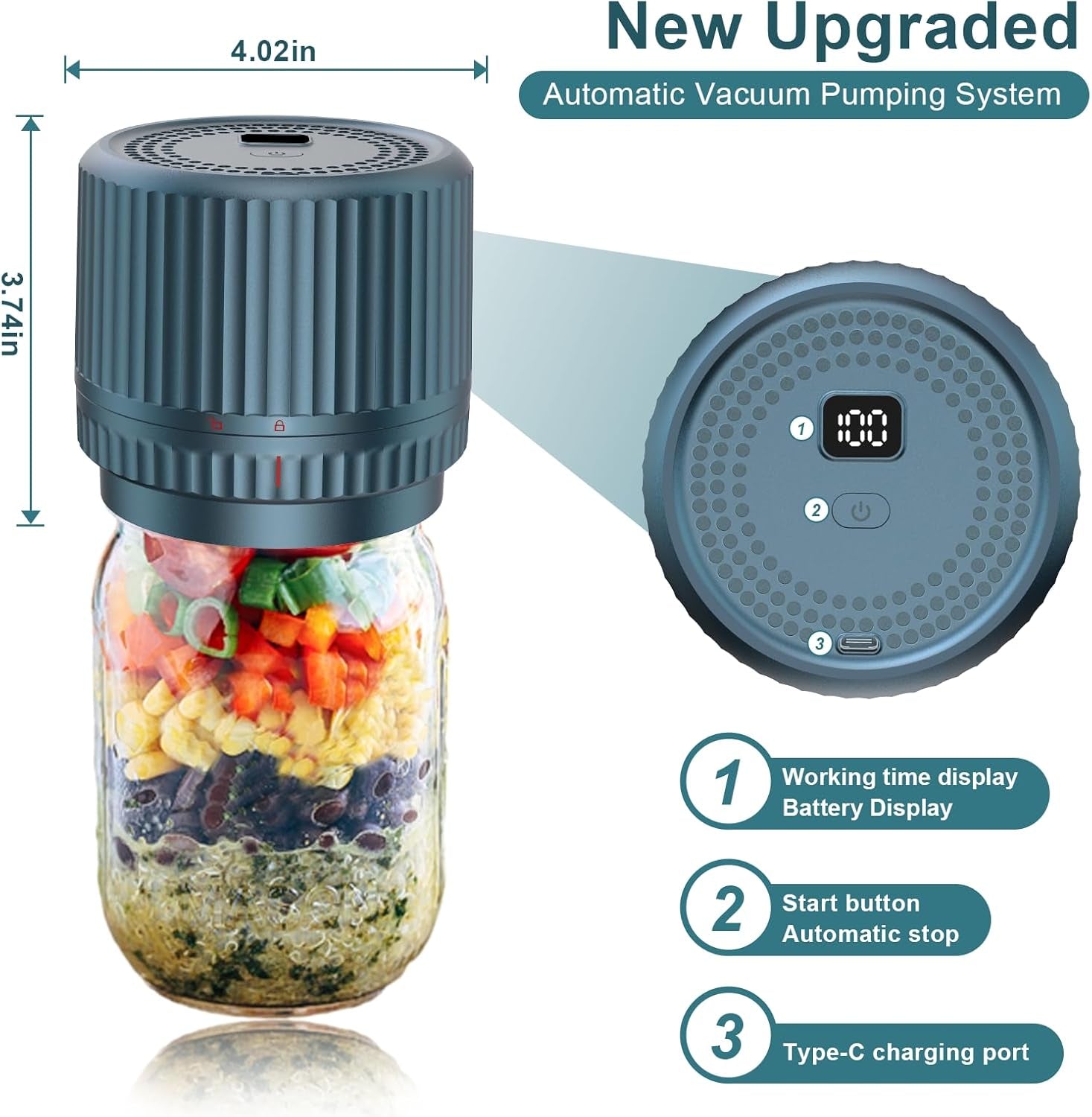 Smart Electric Vacuum Sealer for Mason Jar - Wide and Regular Mouth Canning Jars - Portable Food Storage Solution