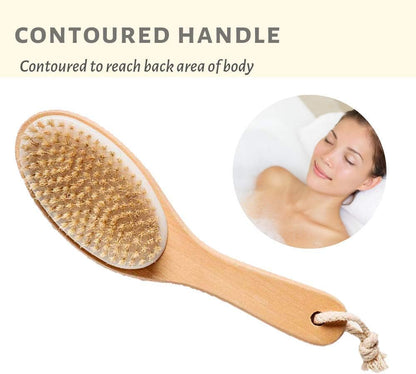 Natural Boar Bristle Body Brush with Ergonomic Wooden Handle 