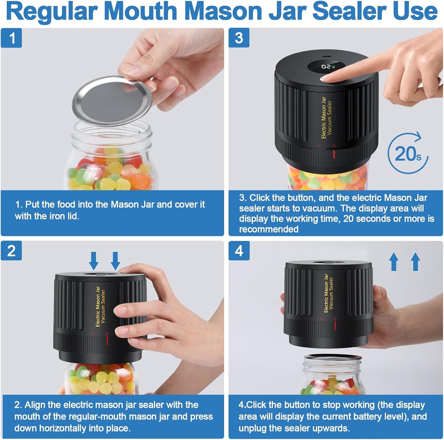 Electric Mason Jar Vacuum Sealer for Wide Mouth and Regular Mouth Mason Jars