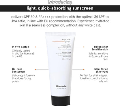 Lightweight, Water & Sweat Resistant Sunscreen for Oily Skin | Minimalist Light Fluid Sunscreen SPF 50 PA++++ | No White Cast | Broad Spectrum |  Unisex | 50Ml
