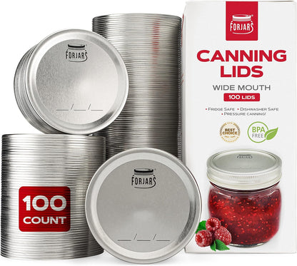 - Wide Mouth Canning Lids, 100-Pack – Create Airtight Seals on Mason Jars to Preserve Food for Meal Prep & Emergency Food Storage – 3.4 In. Metal Lids with Silicone Seals – Canning Supplies