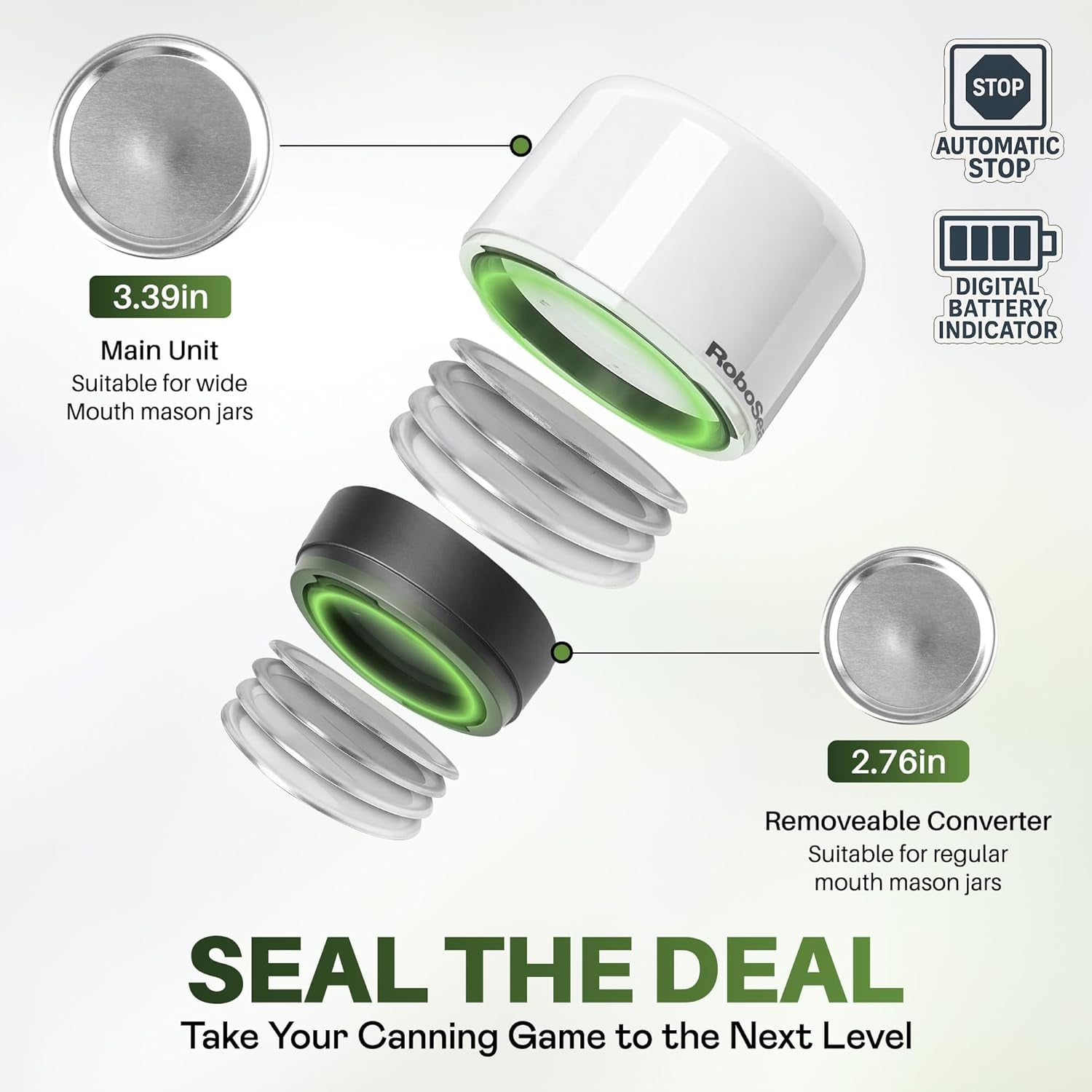 Roboseal Rechargeable Mason Jar Vacuum Sealer for Mason Jars Wide and Regular, One Touch Vacuum Sealer for Jars, 10 Lids Included, Digital Battery Indicator, as Seen on TV